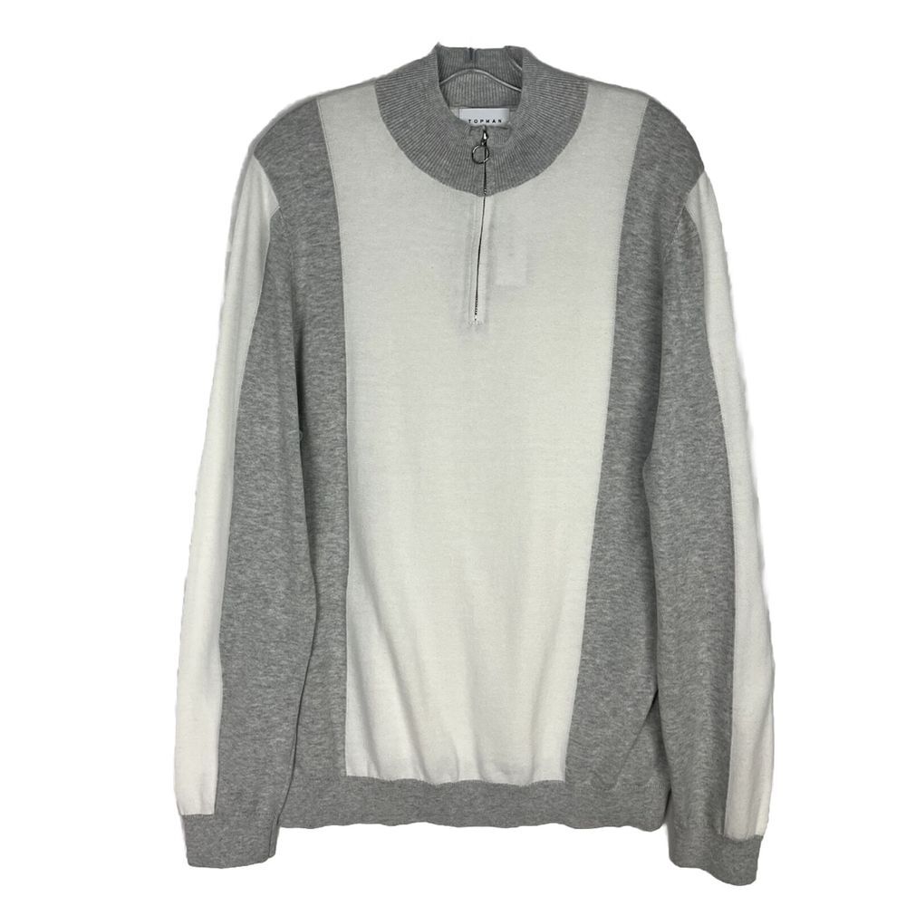 Topman Sweater Mens XL Gray Ivory 1/4 Zip‎ Collared Knit Long Sleeve Stretch